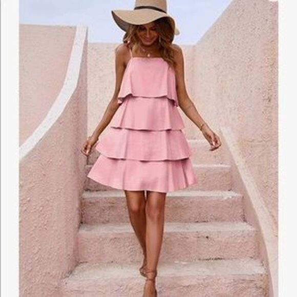 NEW Boho Spaghetti Strap Ruffle Tiered A Line Flowy Mini Dress - Picture 2 of 3